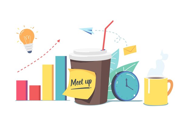 Vettore meetup, pausa caffè per i dipendenti dell'azienda concetto con tazza di caffè usa e getta, orologio, tazza da tè e lampadina con grafico