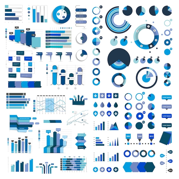 Mega raccolta di grafici, diagrammi di flusso, diagrammi ed elementi di infografica infografica in colore blu