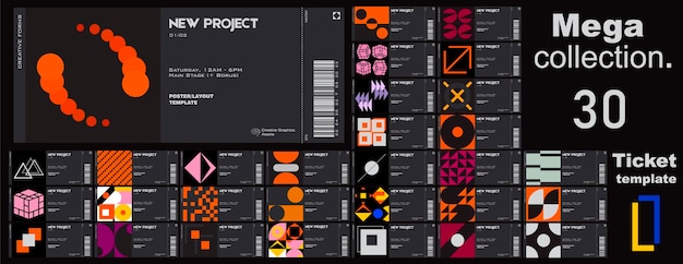 Mega collection. Modern exhibition ticket template layout made with abstract vector geometric shapes