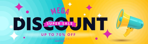 Mega discount super sale up to 70 percent off header banner.