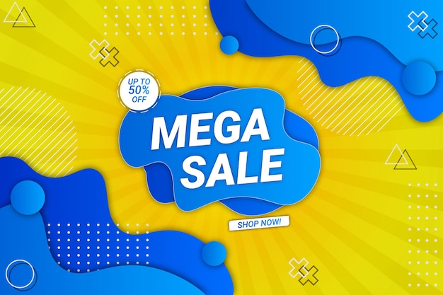 Mega sale-achtergrond gele en blauwe vloeiende stijl