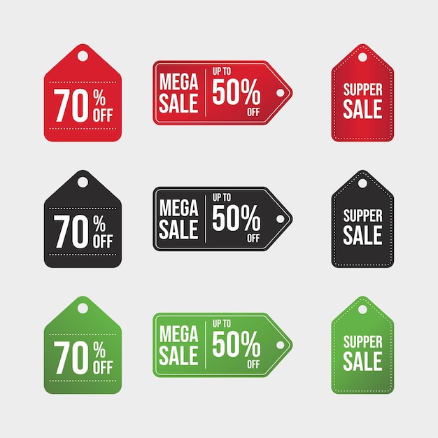 Vector mega sale badge collectie met groen, zwart, rood. verkoop badge set. 70 procent korting tag collectie. super sale coupon vector. tot 50 procent korting. verkoop banner badge. speciale aanbieding kortingslabels.