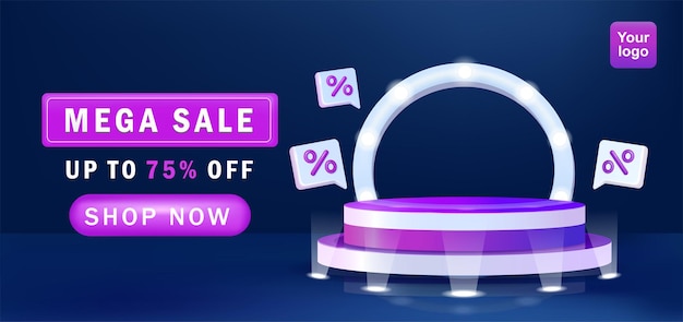 Vector mega sale banner light effect and 3d discound word balloon element purple podium with flashing lights behind suitable for ad templates