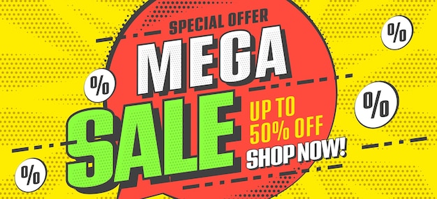 Mega sale banner met speciale aanbieding tot procent korting