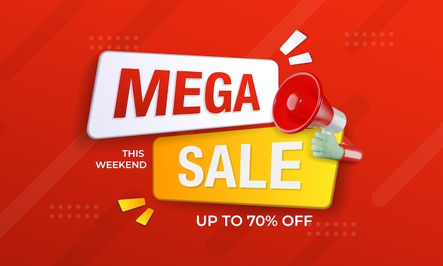 Mega sale banner promotie sjabloon met 3D megafoon op rode achtergrond. Speciale deal labelontwerp