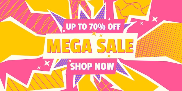 Vector mega sale banner shop now vector bright pop art background with halftone abstract geometric