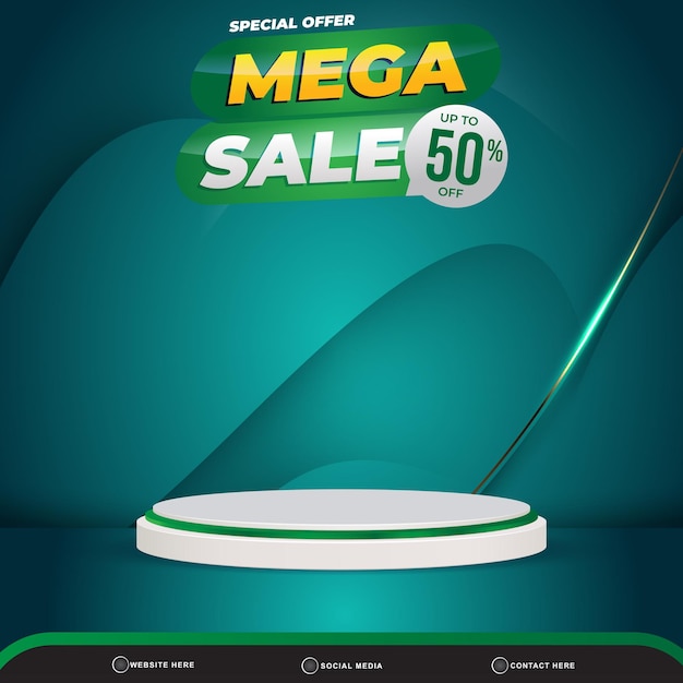 Mega sale banner social media template post with blank space 3d podium for product with abstract gradient blue and green colour background design