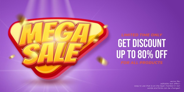 Vector mega sale banner template design with 3d style editable text effect