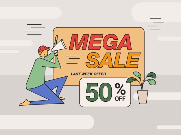 Vector mega sale discount 50 percent illustration with man holding loudspeaker
