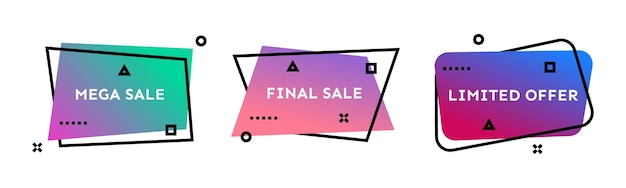 Mega sale final sale beperkte aanbieding set van drie kleurrijke geometrische trendy banners moderne gradiëntvorm met promotietekst vectorillustratie