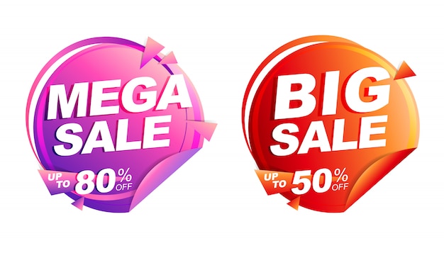 Mega sale isolated illustration, discount tag price, red and pink circle design banner