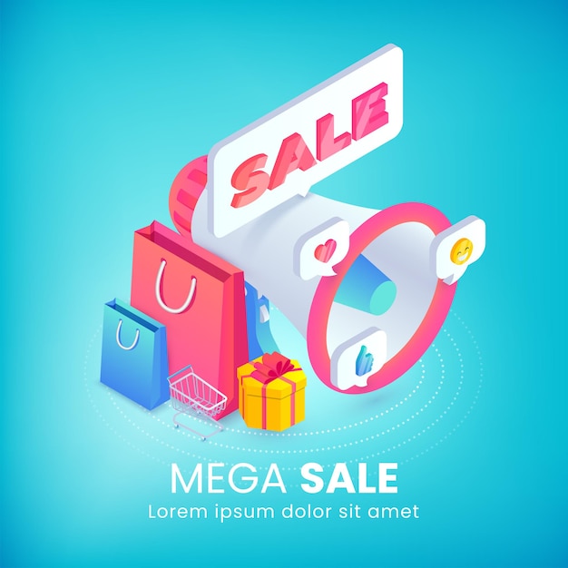 Mega sale isometric advertising banner 3d bullhorn promotion sale shopping bags social media icon