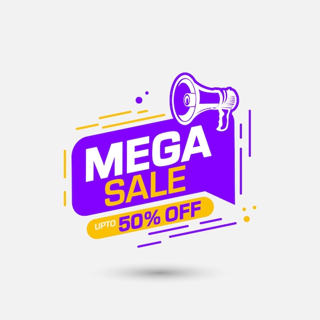 Mega sale kortingsbadge met megafoon en 50 procent korting op tag sale banner template