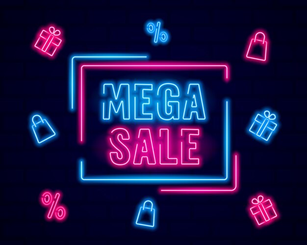 Mega sale neon template, shining banner, discount, shopping