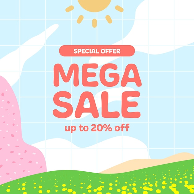 Vector mega sale offer discount promotion square banner for kid children playful kawaii korean style hill garden