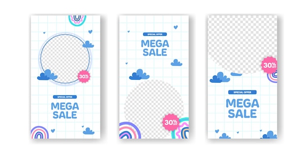 Mega Sale Offer promotion discount for baby kids toddler social media stories with cute kawaii abstract memphis pastel color