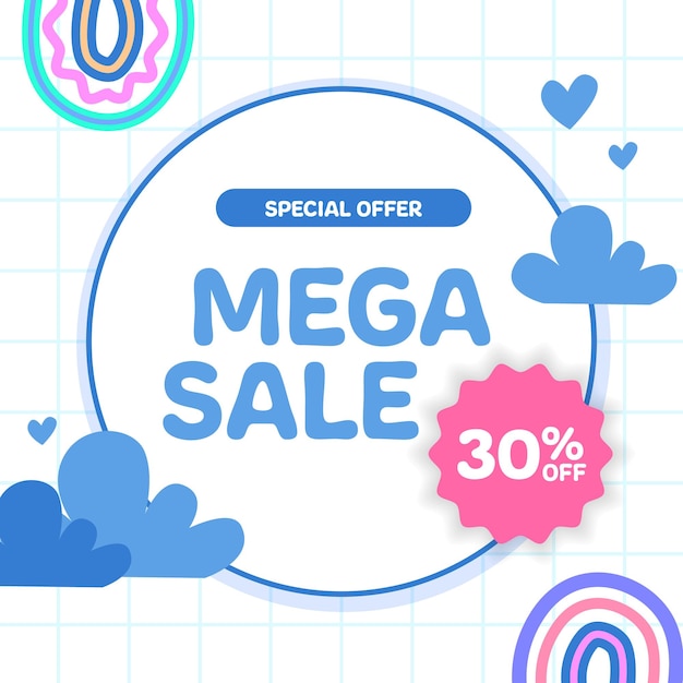 Mega Sale offer promotion discount for kids baby toddler with memphis kawaii abstract element blue pastel color