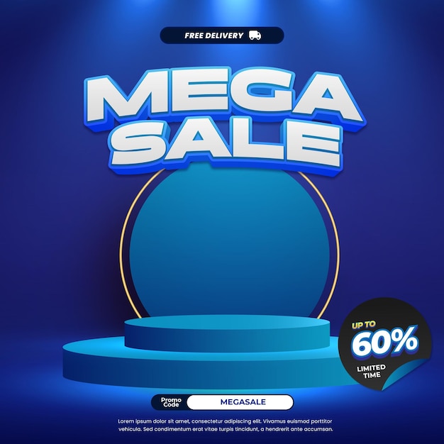 Mega Sale Promotion Banner Online winkelen met futuristische 3D typografie Vetblauw