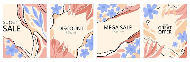 Mega sale set Vertical spring summer poster Blue flowers on beige background discount card natural abstract promo marketing social media posts template vector minimal design banner