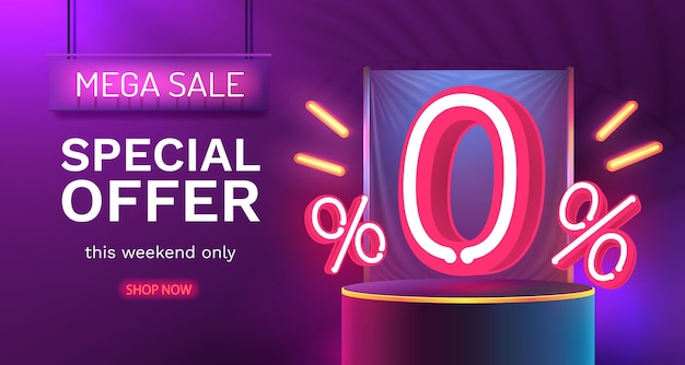 Mega sale special offer Neon 0 off sale banner Sign board promotion Vector