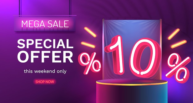 Mega sale special offer Neon 10 off sale banner Sign board promotion Vector