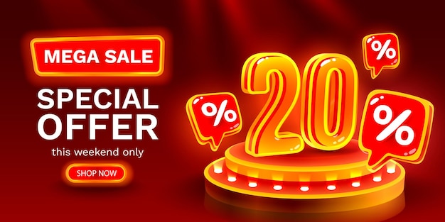 Mega sale special offer neon 20 off sale banner sign board promotion vector