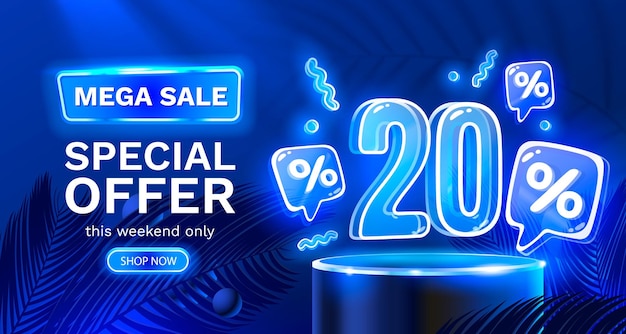 Offerta speciale mega vendita neon 20 sconto banner di vendita segno promozione scheda vettore