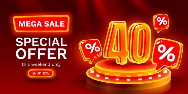 Mega sale special offer Neon 40 off sale banner Sign board promotion Vector