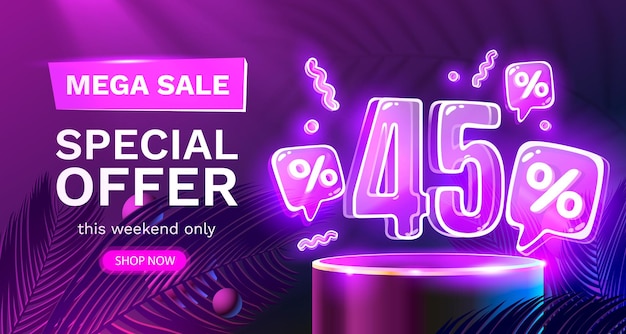 Offerta speciale mega vendita neon 45 sconto banner di vendita segno promozione scheda vettore