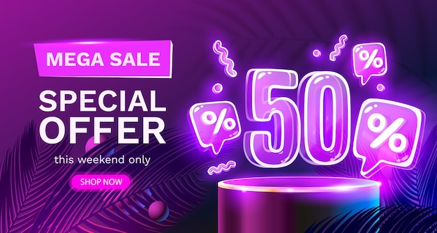 Mega sale special offer Neon 50 off sale banner Sign board promotion Vector illustration