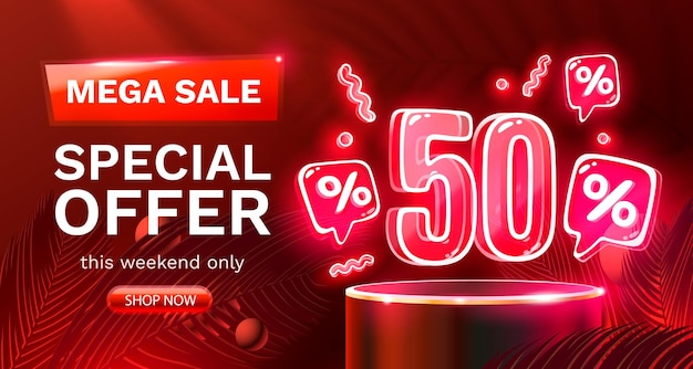 Mega sale special offer neon 50 off sale banner sign board promotion vector