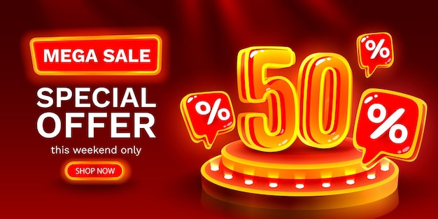 Mega sale special offer Neon 50 off sale banner Sign board promotion Vector