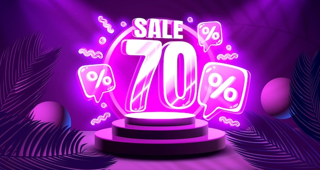 Mega sale special offer Neon 70 off sale banner Sign board promotion Vector