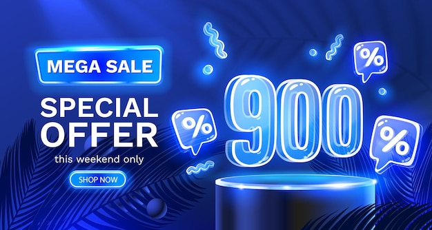 Mega sale special offer Neon 900 off sale banner Sign board promotion Vector illustration