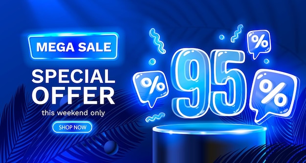 Mega sale special offer Neon 95 off sale banner Sign board promotion Vector