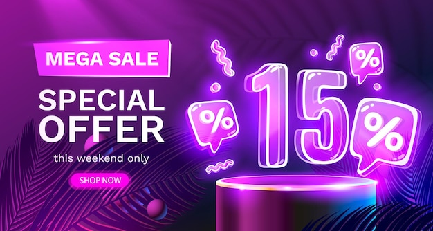 Mega sale speciale aanbieding Neon 15 kortingsbanner Uithangbordpromotie Vector