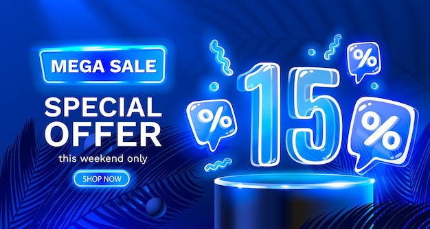 Mega sale speciale aanbieding Neon 15 kortingsbanner Uithangbordpromotie Vector