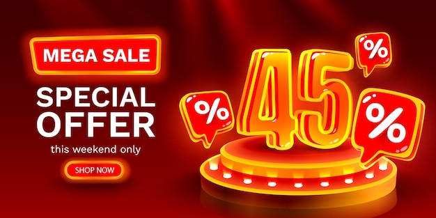 Mega sale speciale aanbieding Neon 45 uitverkoop banner Bord promotie Vector