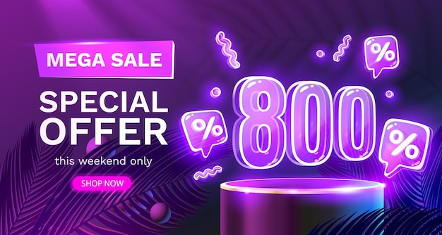 Mega sale speciale aanbieding Neon 800 off sale banner Sign board promotie Vector illustratie