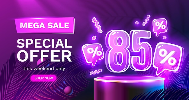 Mega sale speciale aanbieding Neon 85 korting uitverkoop banner Bord promotie Vector