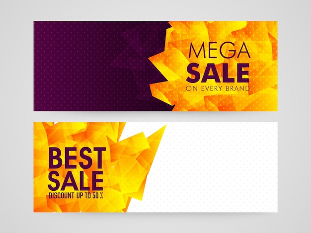 Mega sale intestazioni o banner pubblicitari decorati con disegno astratto poligonale dorato.