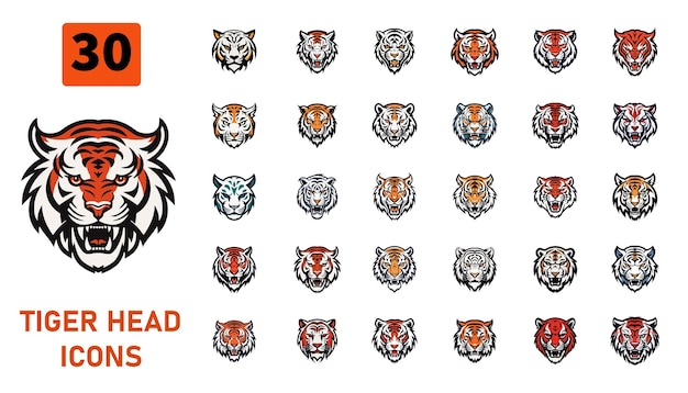 Mega set of 30 tiger head vector set for logo or icon design isolated on white background