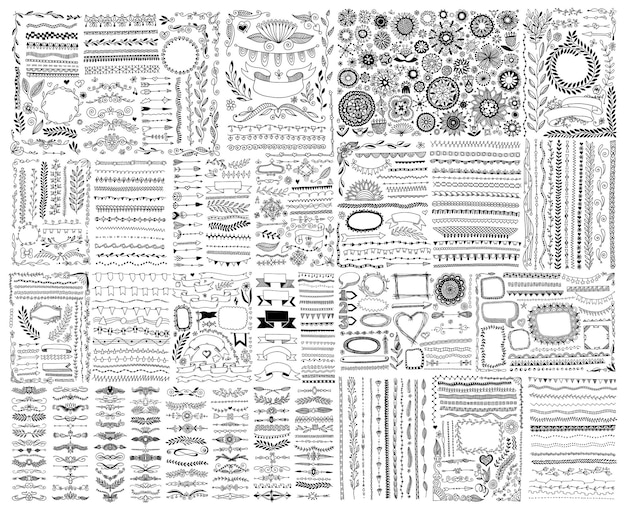 Mega set of doodle sketch frame line corner and divider