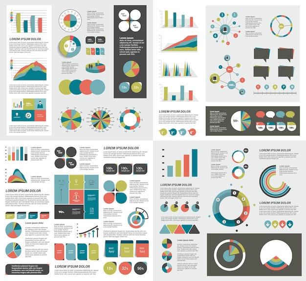 Mega set of infographics elements charts graphs circle charts diagrams speech bubbles.