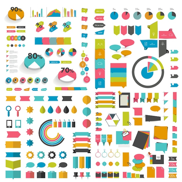 Vector mega set infographics platte ontwerp elementen schema's grafieken knoppen tekstballonnen stickers.