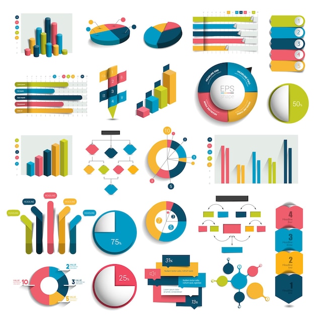 Mega Set van zakelijke 3D-ontwerp grafieken grafieken sjablonen schema's Kolom kubussen cirkel ontwerp Infographics