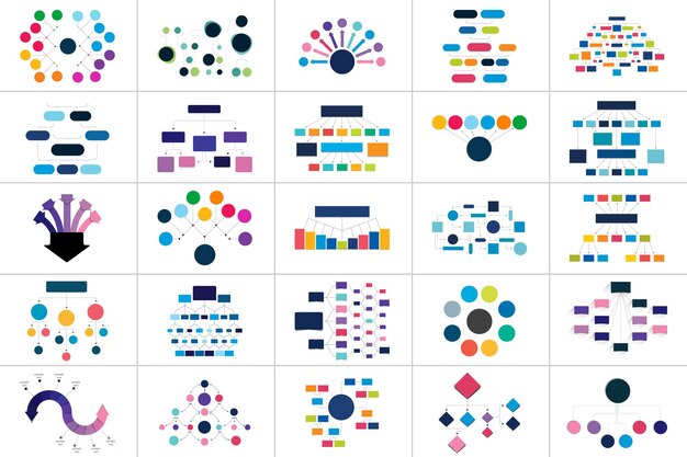다양 한 순서도 체계 다이어그램 마인드 맵 벡터 infographic의 메가 세트