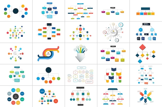 Mega set di vari diagrammi di schemi di diagrammi di flusso elementi infografici modificabili a colori