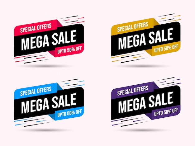 Vector mega verkoop rood geel blauw en paars verkoop speciale tijdelijke aanbieding procent korting label