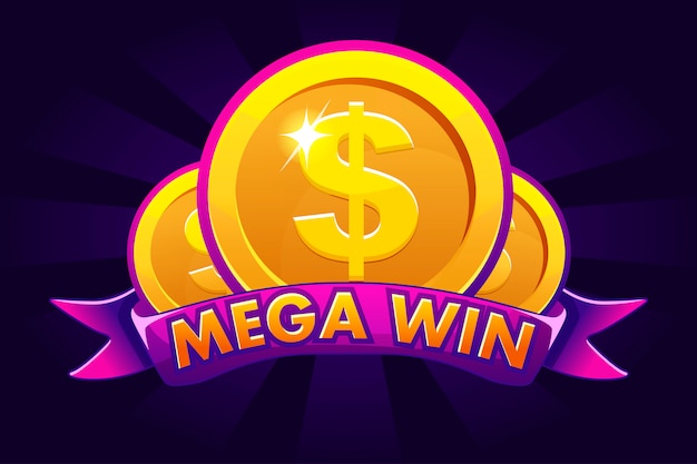 Mega win banner background for online casino, poker, roulette, slot machines, card games. icon gold coin.